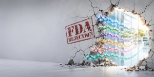 Cracked wall with a red 'FDA Rejection' stamp and colorful DNA strands entering a bright laboratory, suggesting regulatory rejection of genetic research materials.